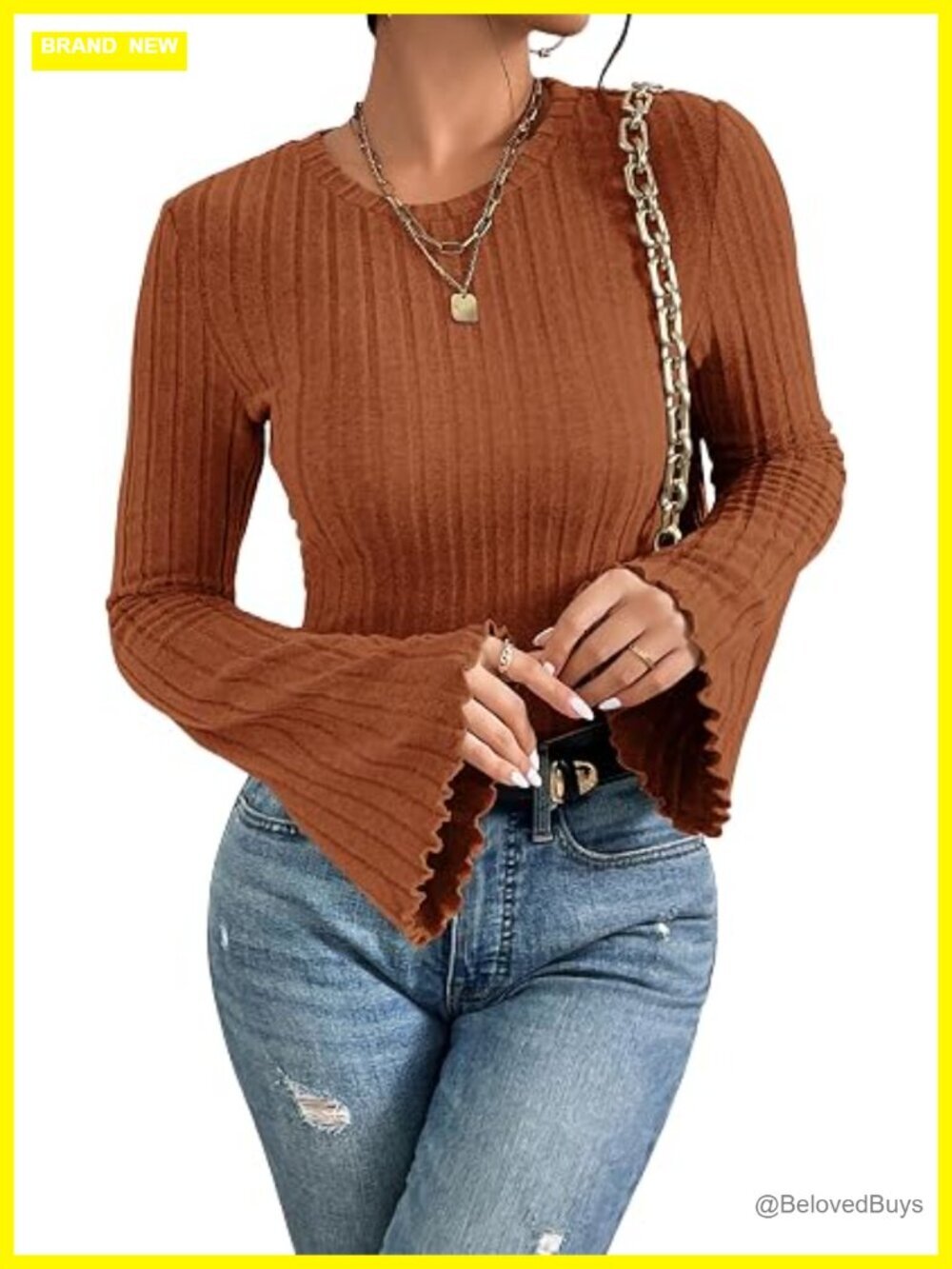 Long Bell Sleeve Pullover Sweater Lightweight Knit Crewneck Fall Top